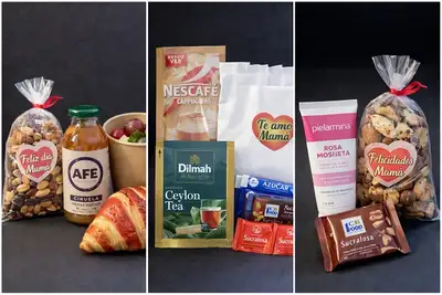 Productos incluidos en el box Día de la Madre: jugo, Nescafé, crema Pielarmina, frutos secos