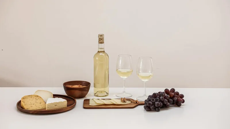 Copas de vino blanco y tabla de quesos finos en evento corporativo elegante